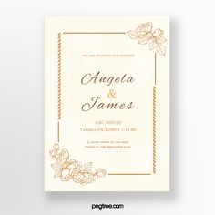 an elegant wedding card with gold flowers and rope on the front, in white background