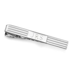 High-polish and brushed stripes add texture to this personalized rhodium tie bar. rhodium-plated brass personalized with three letters at no extra charge Personalized Tie, Print Fonts, White Accessories, Tie Clips, Book An Appointment, Tie Bar, Striped Tie, White Metal, Tie Clip