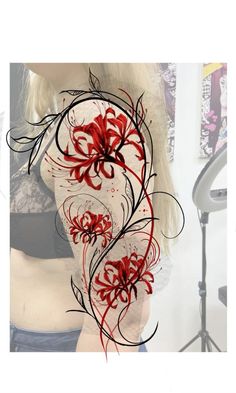 a woman with red flowers on her back