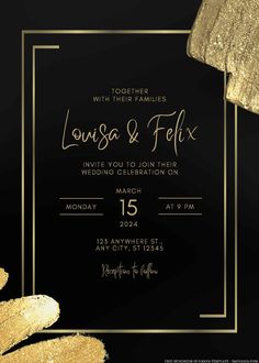 a black and gold wedding card with the words, love is in the air on it