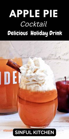 an apple pie cocktail in a glass with whipped cream on top