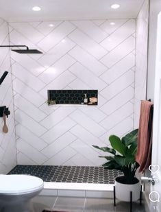 a white bathroom with black and white tile on the shower wall, toilet and plant