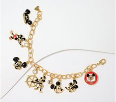 Diamonique's Disney Vault Moments Mickey Charm Bracelet, Brass - QVC.com Themed Mickey Mouse Jewelry As Gift, Disney Silver Charms Jewelry, Disney Silver Jewelry With Charms, Silver Disney Mickey Mouse Jewelry, Disney Style Silver Jewelry With Charms, Silver Disney Charms Jewelry, Disney Mickey Mouse Silver Jewelry, Gold Disney Mickey Mouse Jewelry, Disney Gold Mickey Mouse Jewelry