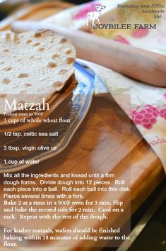 the recipe for matzah is displayed on a plate