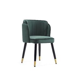 an upholstered green chair with gold legs