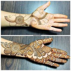 two pictures of hands with henna tattoos on them, one is showing the design