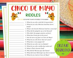 a printable cinco de mayo riddles game with mexican hats on it and a straw hat