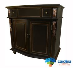 a black cabinet with gold trimmings on the doors and drawers is shown in front of a white background