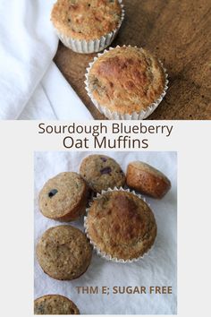 three different types of muffins sitting on top of a wooden table next to each other