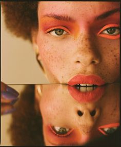 two pictures of a woman with freckles on her face and one has orange lipstick