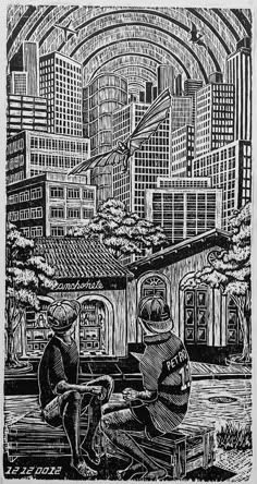 an ink drawing of two people sitting on a bench in front of a cityscape