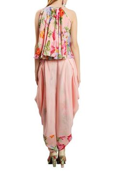 Shop for Nikasha Pink Crepei Floral Printed Dhoti Pant Set for Women Online at Aza Fashions Dhoti Pants, Halter Neck Top, Vintage Rose, Pant Set, Rose Print, Set For Women, Floral Printed, Pink Tops, Aza Fashion