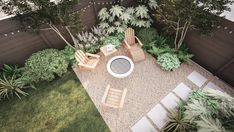 an aerial view of a patio with chairs and tables surrounded by trees, shrubs and plants