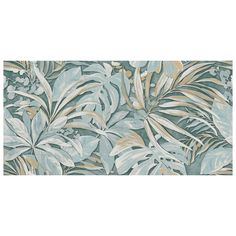 a blue and gold wallpaper with tropical leaves on the bottom right hand side,