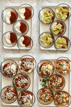 four pictures of different types of food in bowls on a table with sauces and condiments