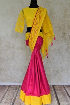 Brighten up your traditional festival look with this rani pink and yellow silk organza saree. Organza Sari, Traditional Festival, Rani Pink, Yellow Silk, Organza Saree, Festival Looks