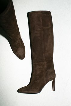 Almond toe, tall shaft boot with seamed details and a 3.5" leather wrapped stiletto heel. 100% leather upper. Made in Italy. Brown Leather Boots Tall, Brown Boots Suede, Brown Suede Boots Outfit, Brown Knee High Boots Outfit, Fall Boots Tall, Suede Boots Outfit, Tall Boots Outfit, Brown Tall Boots, Closet Revamp