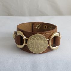 Gold Leather Monogram Bracelet  Initial Bracelet by tiposcreations Adjustable Gold Leather Cuff Bracelet, Elegant Adjustable Engraved Leather Bracelet, Personalized Adjustable Cuff Bracelet, Elegant Brown Personalized Jewelry, Adjustable Gold Leather Bracelet Engraved, Adjustable Brown Jewelry For Personalized Gift, Adjustable Leather Bracelet With Engraving Option, Adjustable Stamped Bracelets, Adjustable Brown Engraved Cuff Bracelet