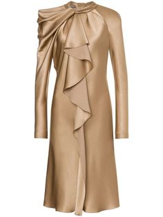 beige satin finish draped detailing crew neck long sleeves concealed rear zip fastening straight hem knee-length Elegant Beige Draped Midi Dress, Formal Draped Midi Dress For Fall, Elegant Long Sleeve Midi Dress With Folds, Silk Draped Midi Dress With Folds, Elegant Silk Midi Dress With Folds, Long Sleeve Satin Midi Dress With Draped Sleeves, Beige Silk Dress For Fall, Formal Silk Midi Dress With Folds, Silk Midi Dress With Draped Sleeves