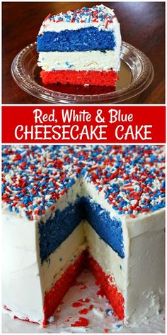 red, white and blue cheesecake cake on a plate