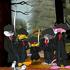 several cartoon characters dressed up in black outfits