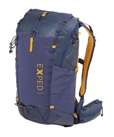 the backpack is blue and has yellow trims on the front, with an exped logo