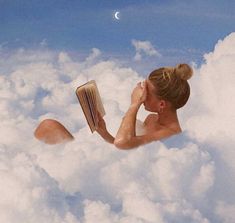 a woman reading a book while floating in the sky with clouds and moon behind her