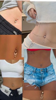 four different pictures of the same woman's waist and stomach with gold jewelry on them