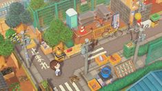 an animal crossing game with people and animals on the street in front of some buildings