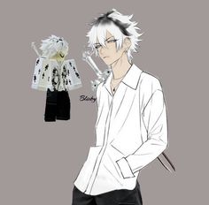 an anime character with white hair wearing black pants and a white shirt, standing next to a