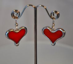 Tomato red heart earrings Red Double Heart Earrings As Gift, Red Heart Pendant Earrings For Anniversary, Red Double Heart Earrings With Heart Beads, Handmade Red Heart Earrings For Anniversary, Handmade Red Heart Earrings In Sterling Silver, Handmade Red Heart Sterling Silver Earrings, Nickel-free Red Heart Earrings, Handmade Red Glass Earrings, Red Heart Earrings