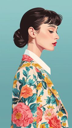 an illustration of a woman in a kimono with flowers on it's sleeves