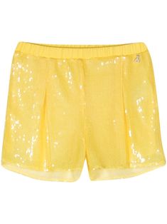 yellow sequin design pleat detailing gold-tone logo plaque high waist elasticated waistband straight leg thigh-length full lining High Waist Sequined Summer Bottoms, High Waist Sequined Bottoms For Summer, High-waist Sequin Bottoms For Summer, Glamorous Sequined Bottoms For Summer, High Waist Sequined Summer Pants, High-waist Sequin Summer Pants, High-waist Sequined Pants For Summer, High Waist Sequin Pants For Summer, Trendy Short Sequined Bottoms