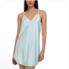 New With Tags Size Xs Aqua Luxurious Charmeuse Chemise Smooth Cut Hem Layer Of Lace Along The Top Of The Neckline Scallop Lace Racer-Back Detail Along Center Back Fully Adjustable Straps 100% Polyester V-neck Camisole For Sleepovers, Light Blue V-neck Sleepwear For Spring, Blue Summer Nightgown For Relaxation, Light Blue V-neck Sleepwear For Summer, Spring V-neck Camisole For Bedtime, Elegant Summer Chemise For Sleepover, Elegant Blue Sleepwear For Relaxation, V-neck Camisole For Bedtime, Spring V-neck Sleep Chemise