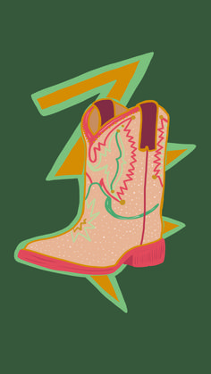 a pair of pink cowboy boots with lightning bolt in the background on a green background