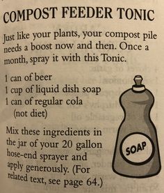 a recipe for compost feeder tonic is shown in an open book with instructions on how to use it