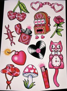 an assortment of stickers with hearts, flowers, and other things on the paper