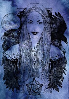 a drawing of a woman with long hair and two crows on her head, surrounded by birds