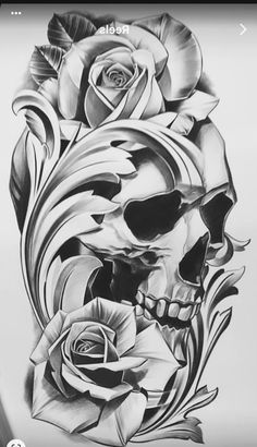 a drawing of a skull with roses on it