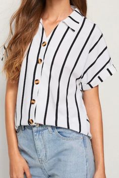 Striped Tops Women, Short Sleeve Shirt Women, Button Front Top, Roll Up Sleeves, Sleeves (women), Batwing Sleeve, Summer Top, Striped Shorts, Eminem