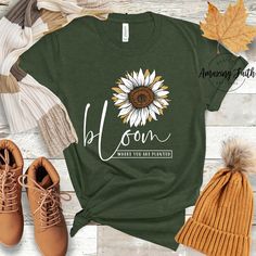 Everyone needs the perfect t-shirt to complement an everyday, laid-back look. The ideal top for so many occasions, this lightweight cotton Bloom Where You Are Planted tee will keep you comfy and looking smart. • 100% combed and ring-spun cotton (Heather colors contain polyester) • Fabric weight: 4.2 oz/yd² (142 g/m²) • Pre-shrunk fabric • Side-seamed construction • Shoulder-to-shoulder taping Size guide LENGTH (inches) WIDTH (inches) CHEST (inches) XS 27 16 ½ 31-34 S 28 18 34-37 M 29 20 38-41 L Comfortable Fit Spring T-shirt For Everyday, Trendy Ring-spun Cotton T-shirt For Spring, Casual Ring-spun Cotton T-shirt For Spring, Spring Text Print Tops In Ring-spun Cotton, Relaxed Fit Tops For Spring, Everyday Summer Tops In Ring-spun Cotton, Spring Relaxed Fit Ring-spun Cotton Tops, Spring Soft-washed Ring-spun Cotton Tops, Soft-washed Ring-spun Cotton Tops For Spring