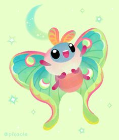 a cute little butterfly sitting on top of a green background with stars and crescents