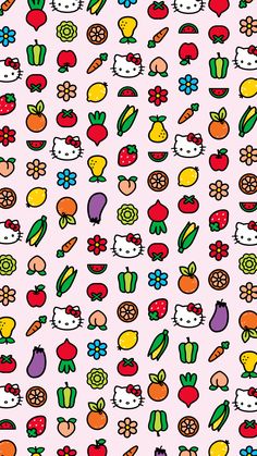 the hello kitty wallpaper has many different fruits and vegetables on it