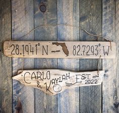 two wooden signs are hanging on the wall