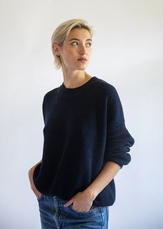 ESTELLA | Fiorella Cotton Cashmere Crewneck Sweater in Passport Blue Oversized Fine Knit Sweater For Work, Everyday Boxy Fit Crew Sweater, Oversized Fine Knit Sweater For Everyday, Oversized Sweater With Ribbed Neckline, Oversized Merino Wool Crew Neck Top, Oversized Fine Knit Merino Wool Sweater, Oversized Merino Wool Fine Knit Sweater, Create Outfits, New Version