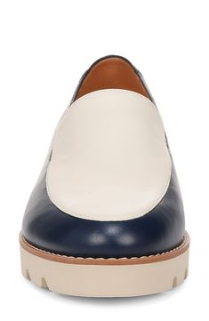 Clean lines and simple detailing make an easy go-to of a loafer styled with a classic apron toe and chunky lugs that ground the look in stability and comfort. 1 1/2" heel; 3/4" platform (size 8.5) Removable insole Leather upper/textile lining/synthetic sole Imported Beige Platform Loafers With Rubber Sole For Work, Beige Loafers With Textured Sole For Work, Beige Workwear Loafers With Textured Sole, Classic Platform Loafers With Contrast Sole For Office, Classic Platform Loafers With Contrast Sole For Work, Slip-on Loafers With Contrast Sole For Workwear, Chic Loafers With Contrast Flat Sole, Chic Loafers With Contrast Sole And Flat Heel, Beige Stitched Sole Loafers For Work