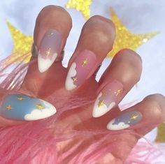 23+ Cute & Fluffy Cloud Nails - ♡ July Blossom ♡ Jelly Cloud Nails, Gender Reveal Nails, Cloud Nails, Kandee Johnson, Star Nail Designs, Candy Clouds, Witchy Nails, Space Nails, Sky Nails