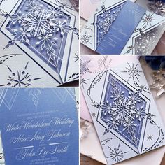 wedding cards with snowflakes on them are shown in three different pictures, one is blue and the other is white