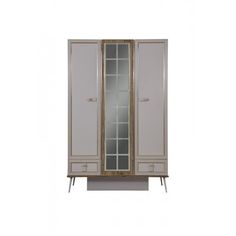 an armoire with mirrored doors and drawers on the front, in white and gold