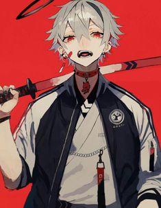 an anime character with white hair holding two baseball bats in his hands and looking at the camera